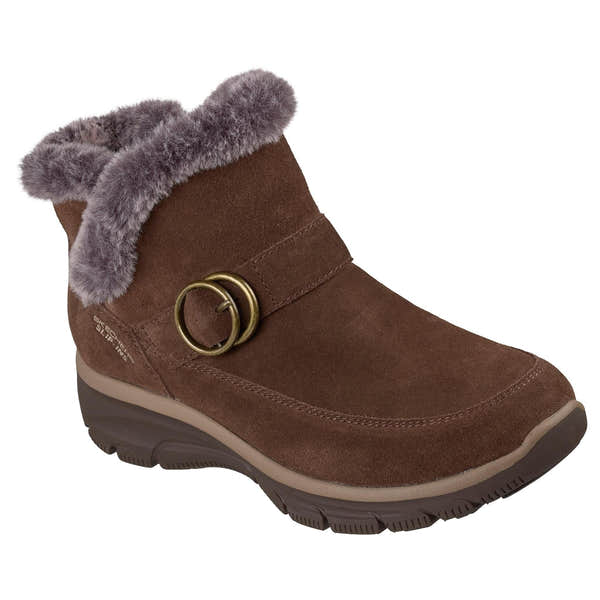 Skechers 168185 Easy Going - Gentle Winter Ladies Chocolate Leather Ankle Boots, outer side view.