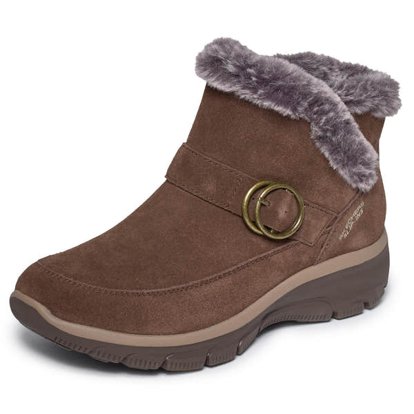 Skechers 168185 Easy Going - Gentle Winter Ladies Chocolate Leather Ankle Boots, left side view.