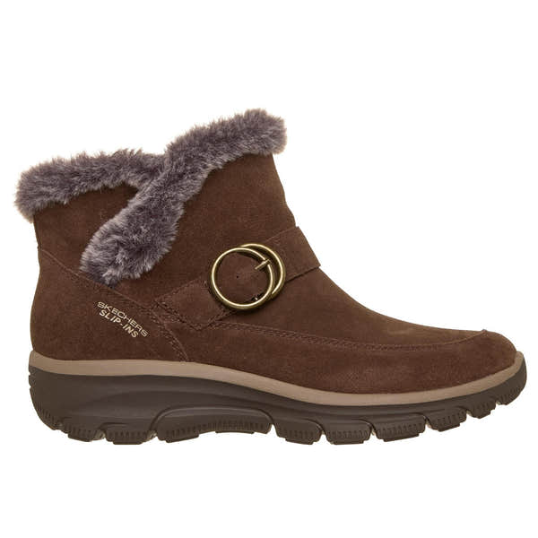 Skechers 168185 Easy Going - Gentle Winter Ladies Chocolate Leather Ankle Boots, front three-quarter view.