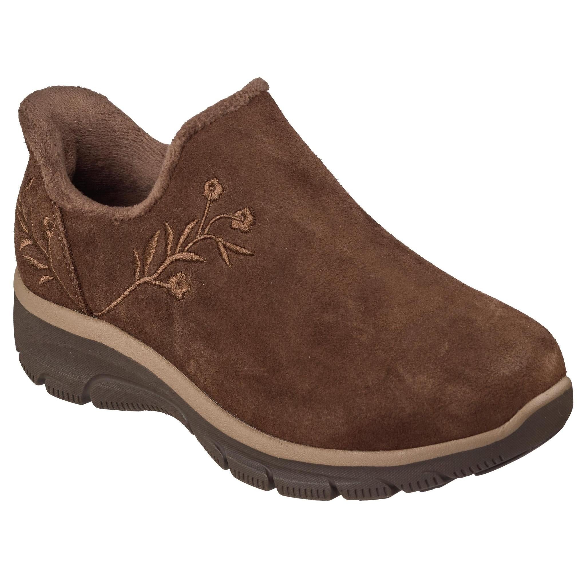 Skechers 169157 Easy Going - Floral Moment Ladies Chocolate Leather Ankle Boots, outer side view.