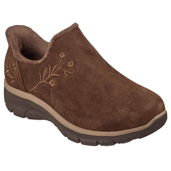 Skechers 169157 Easy Going - Floral Moment Ladies Chocolate Leather Ankle Boots, outer side view.