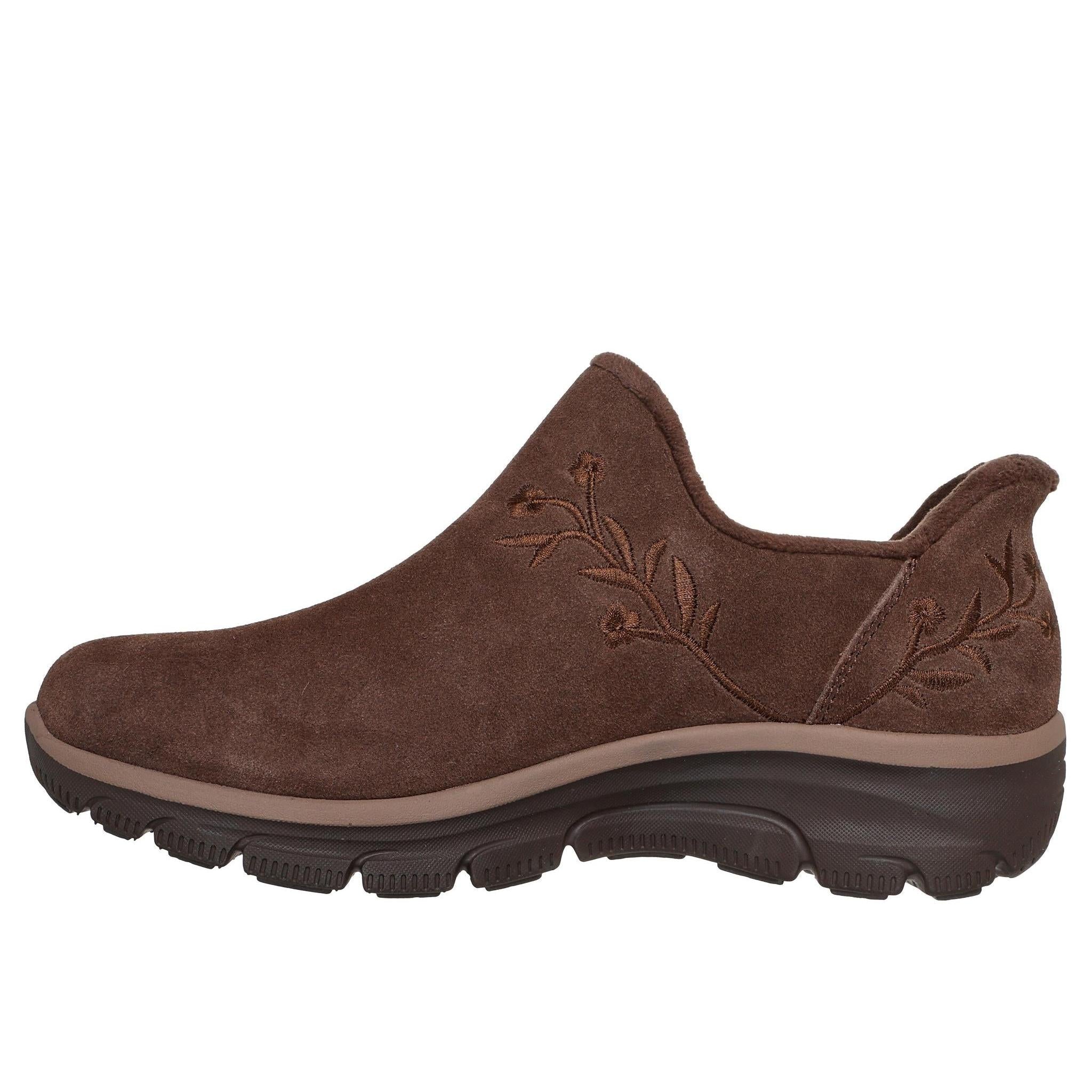 Skechers 169157 Easy Going - Floral Moment Ladies Chocolate Leather Ankle Boots, inner side view.