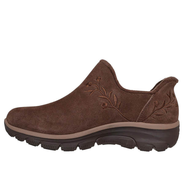 Skechers 169157 Easy Going - Floral Moment Ladies Chocolate Leather Ankle Boots, inner side view.