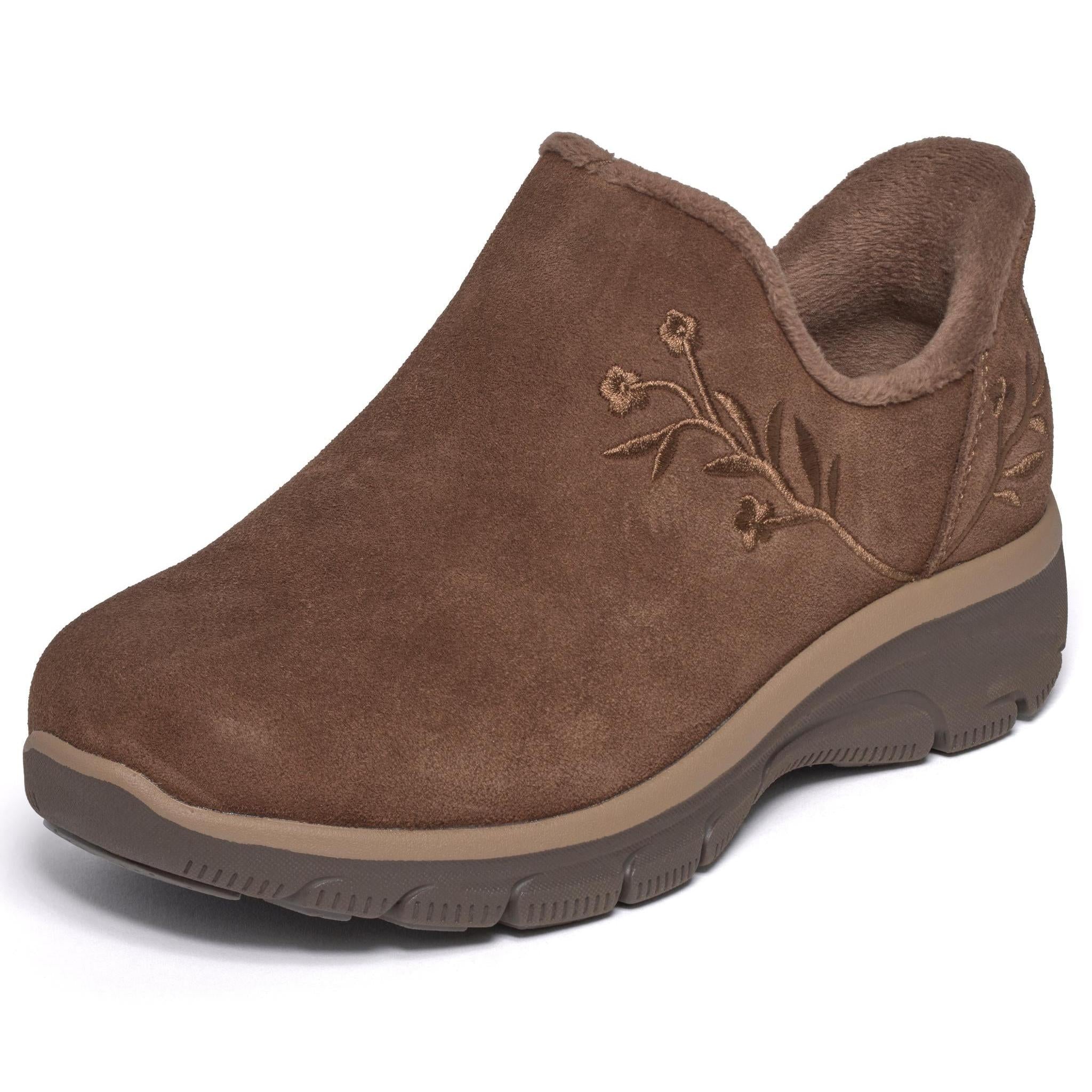 Skechers 169157 Easy Going - Floral Moment Ladies Chocolate Leather Ankle Boots, left side view.