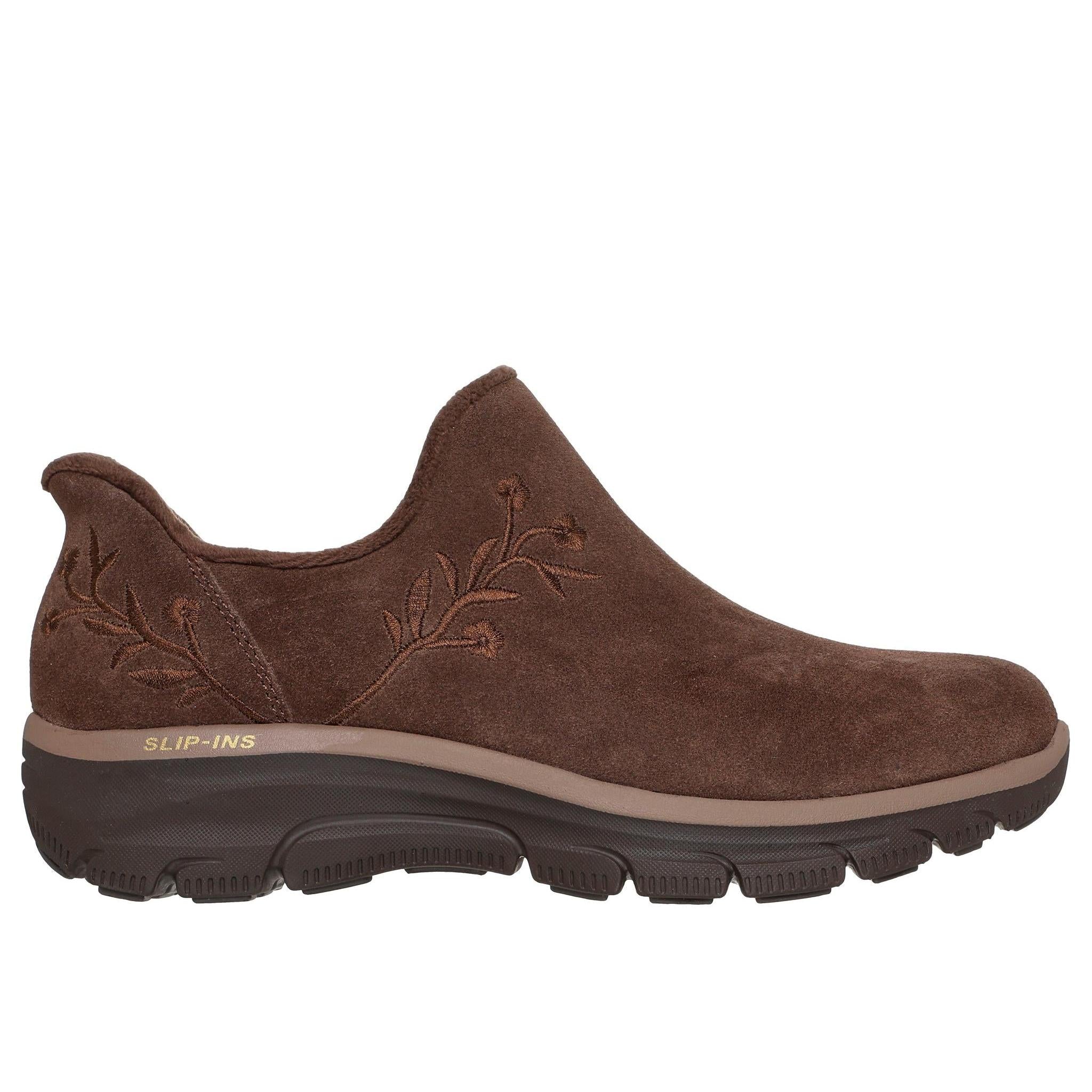 Skechers 169157 Easy Going - Floral Moment Ladies Chocolate Leather Ankle Boots, front three-quarter view.