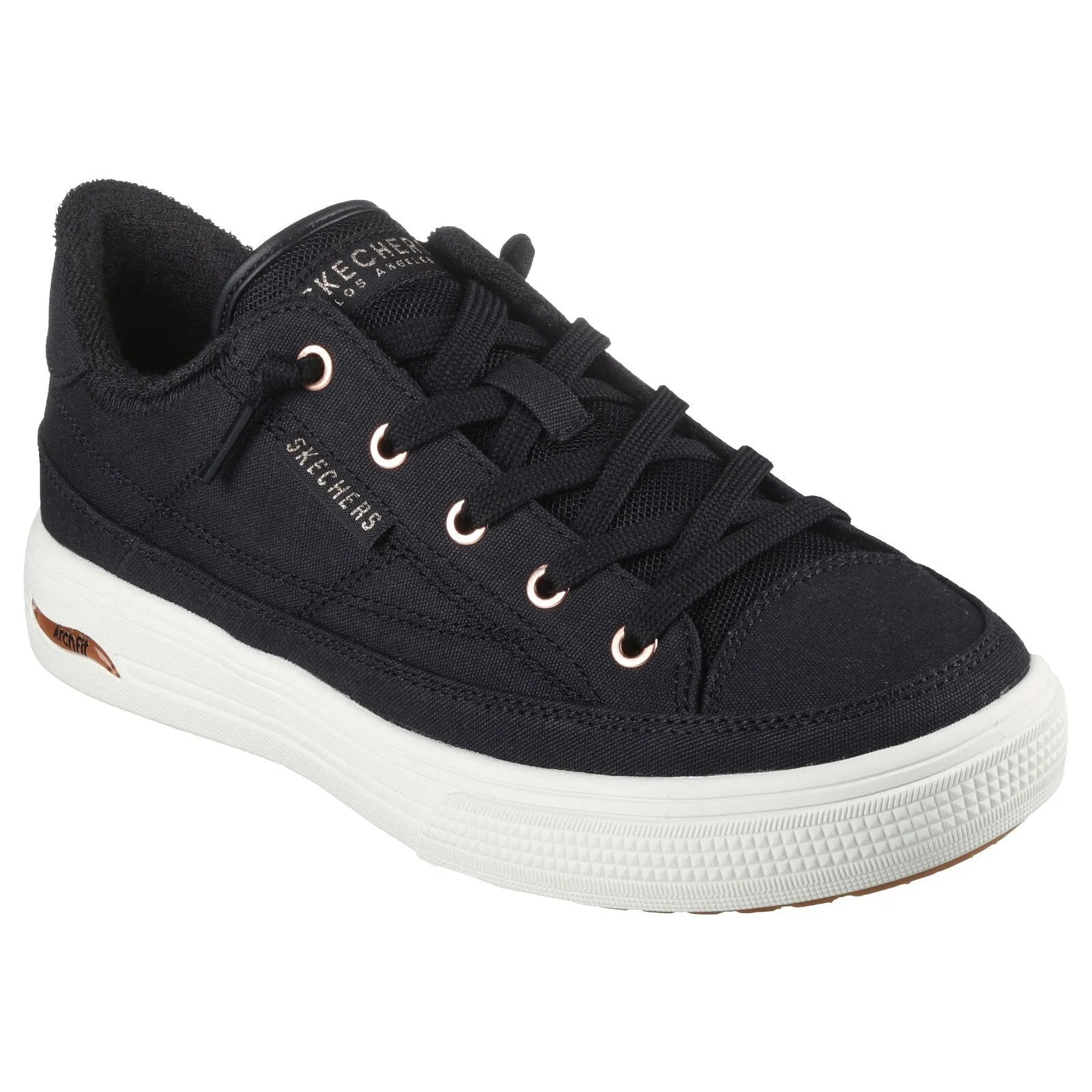 Skechers 177190 Arch Fit Arcade Ladies Black Textile Vegan Arch Support Slip On Trainers-elevate your sole