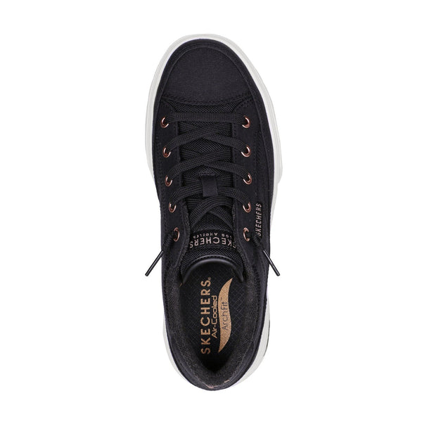 Skechers 177190 Arch Fit Arcade Ladies Black Textile Vegan Arch Support Slip On Trainers-elevate your sole