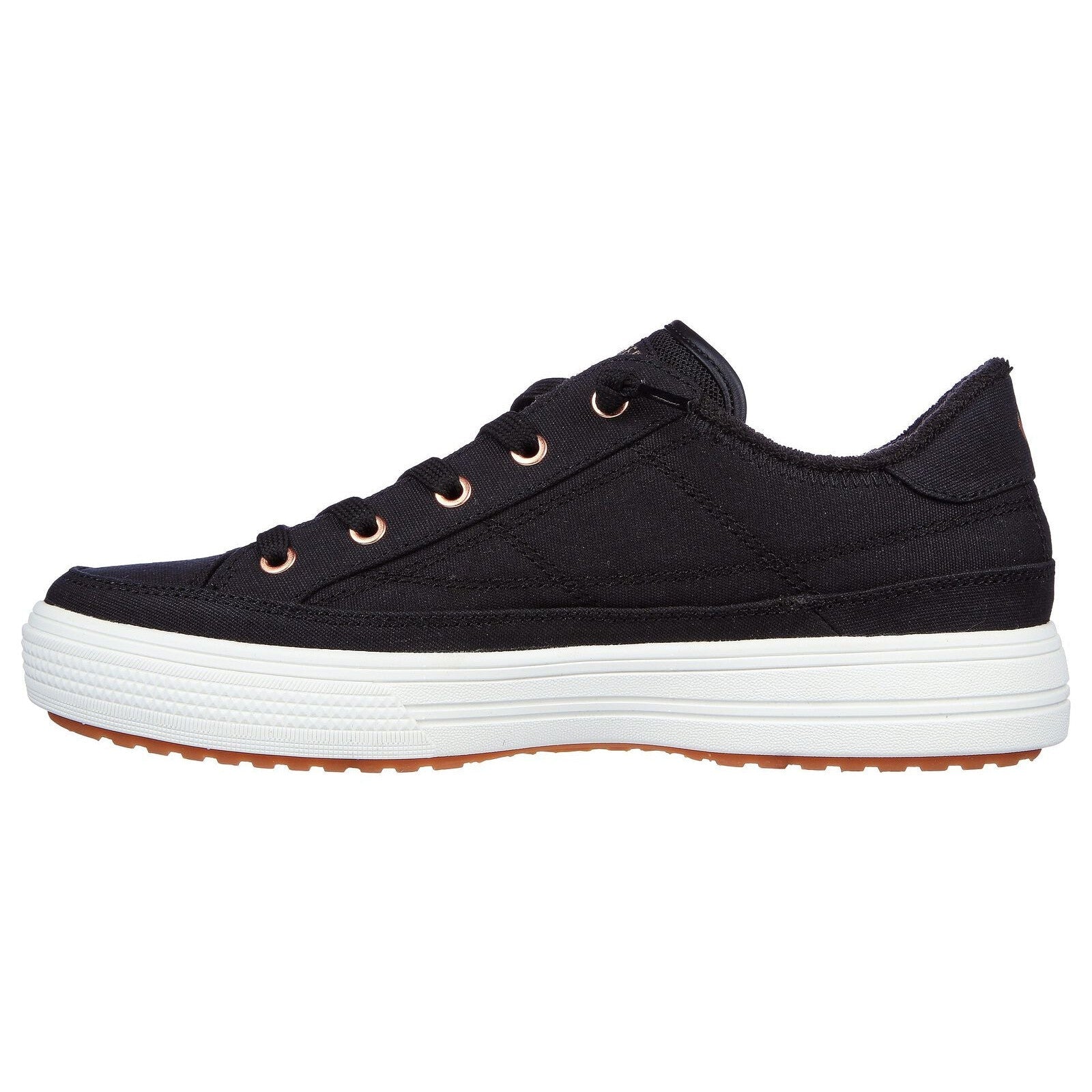 Skechers 177190 Arch Fit Arcade Ladies Black Textile Vegan Arch Support Slip On Trainers-elevate your sole