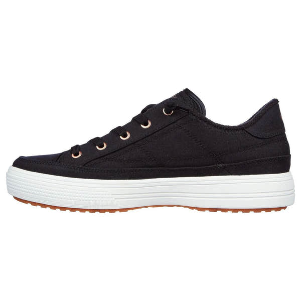 Skechers 177190 Arch Fit Arcade Ladies Black Textile Vegan Arch Support Slip On Trainers-elevate your sole