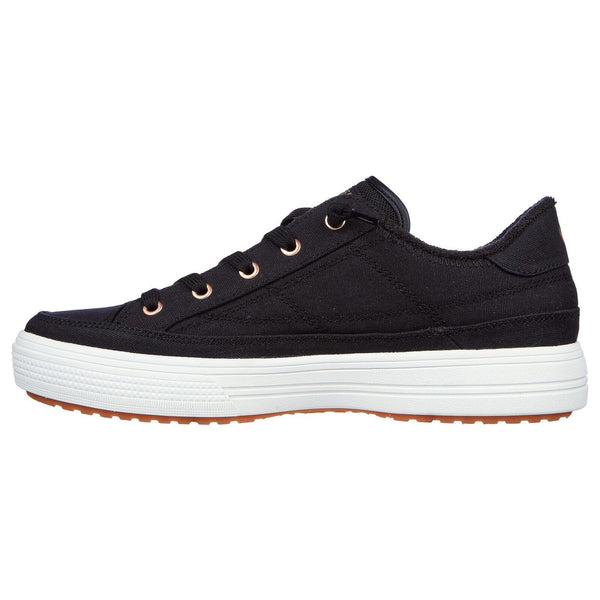 Skechers 177190 Arch Fit Arcade Ladies Black Textile Vegan Arch Support Slip On Trainers-elevate your sole