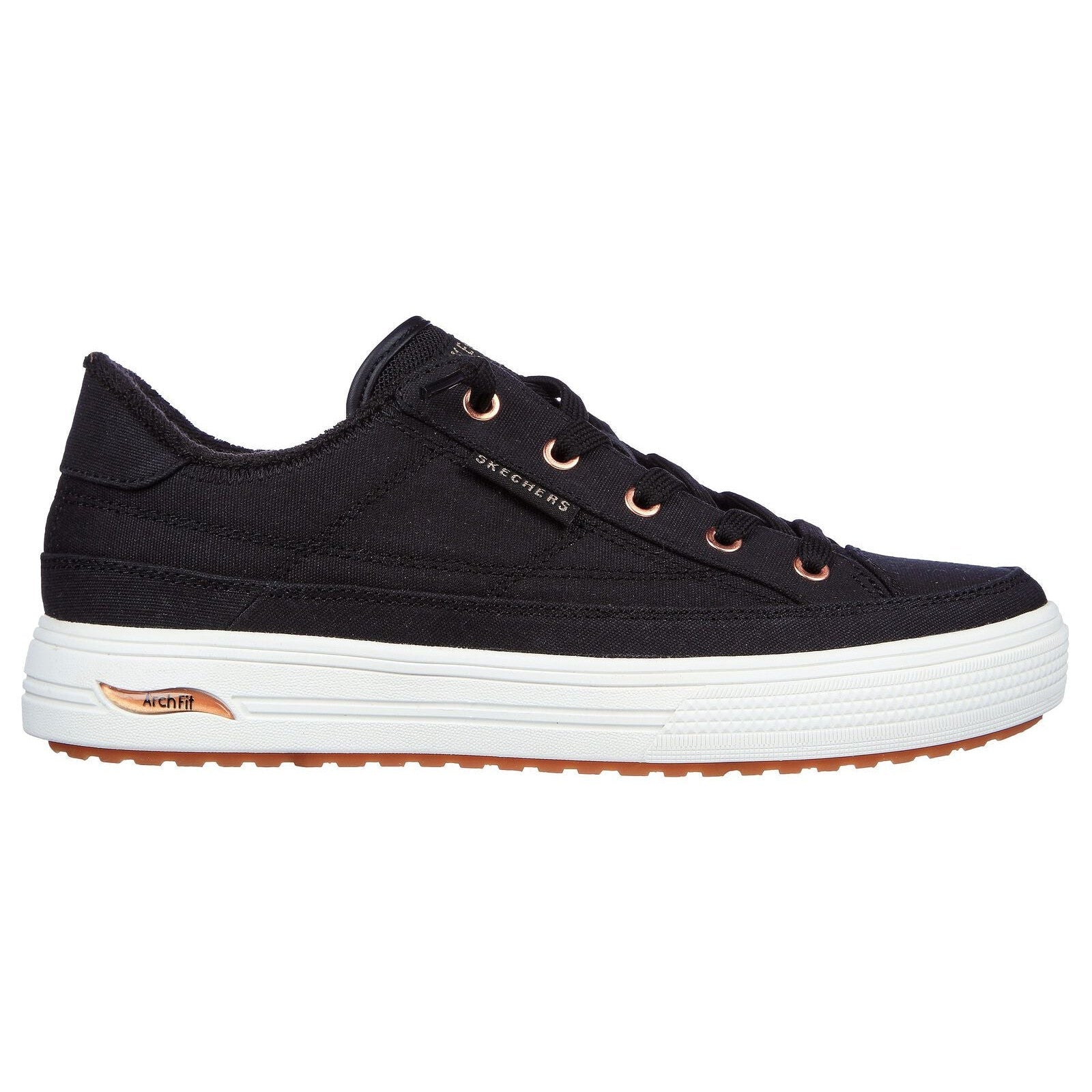 Skechers 177190 Arch Fit Arcade Ladies Black Textile Vegan Arch Support Slip On Trainers-elevate your sole