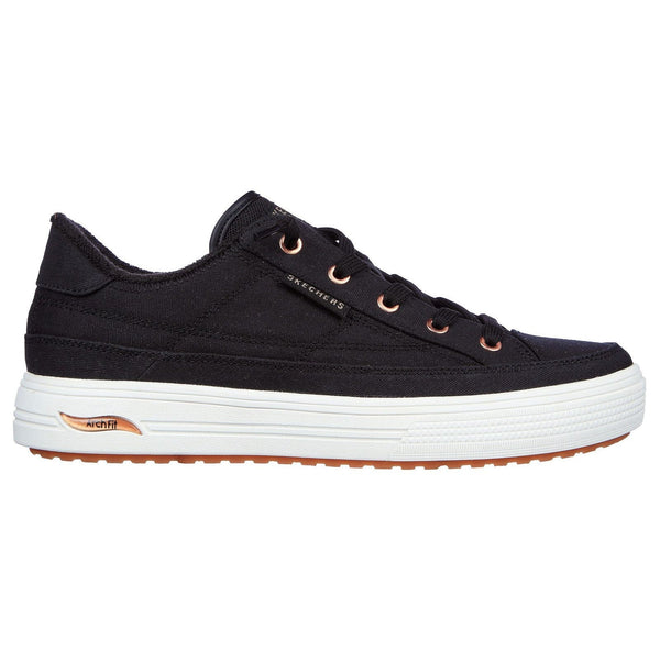 Skechers 177190 Arch Fit Arcade Ladies Black Textile Vegan Arch Support Slip On Trainers-elevate your sole