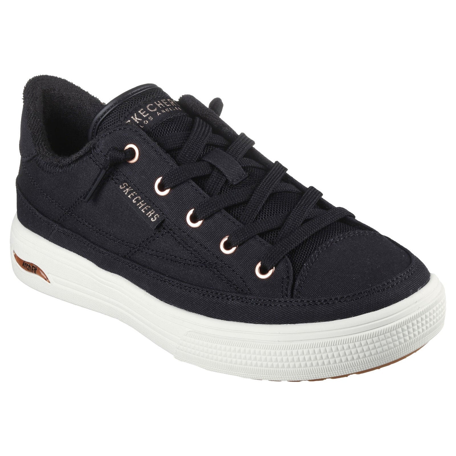 Skechers 177190 Arch Fit Arcade Ladies Black Textile Vegan Arch Support Slip On Trainers-elevate your sole