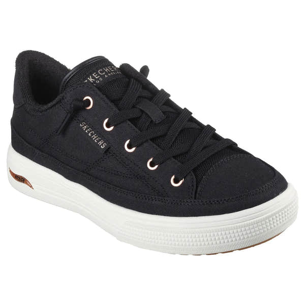 Skechers 177190 Arch Fit Arcade Ladies Black Textile Vegan Arch Support Slip On Trainers-elevate your sole