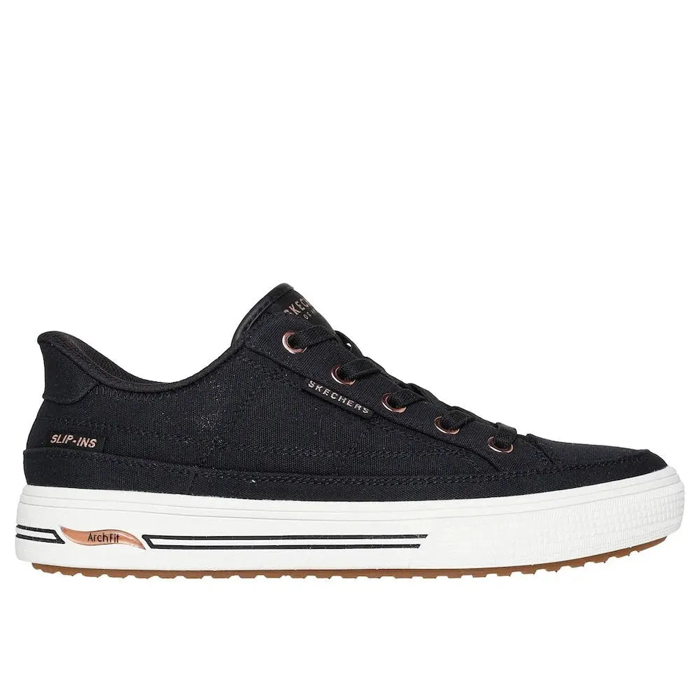 Skechers Arch Fit Arcade Ladies Slip-On Trainers, Black Vegan Textile, sneaker with arch support and white sole.