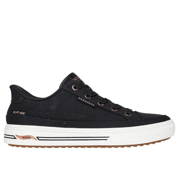 Skechers Arch Fit Arcade Ladies Slip-On Trainers, Black Vegan Textile, sneaker with arch support and white sole.