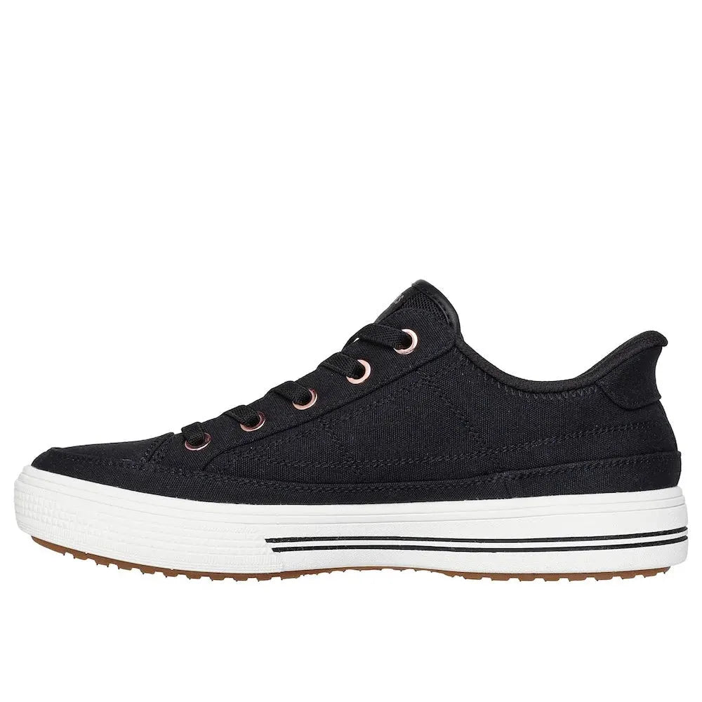 Skechers Arch Fit Arcade See Ya There Ladies black vegan textile slip-on trainers with arch support, white striped sole.