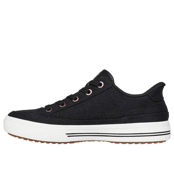 Skechers Arch Fit Arcade See Ya There Ladies black vegan textile slip-on trainers with arch support, white striped sole.