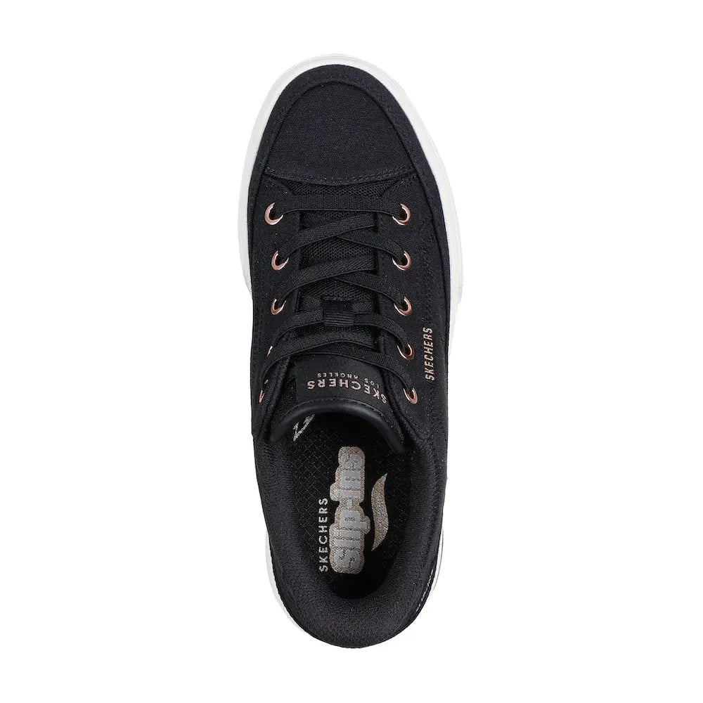 Skechers Arch Fit Arcade See Ya There women's black textile vegan slip-on trainers with arch support and casual style.
