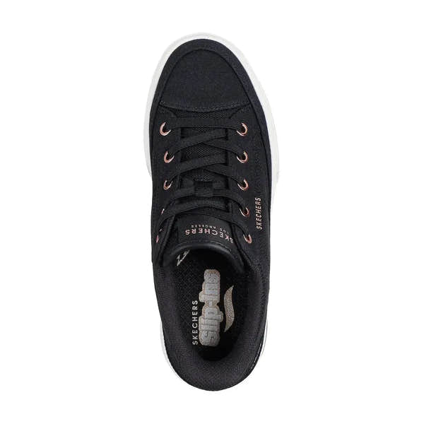 Skechers Arch Fit Arcade See Ya There women's black textile vegan slip-on trainers with arch support and casual style.