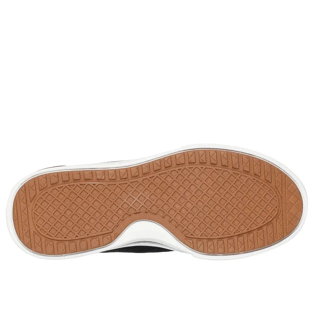 Skechers Ladies Vegan Slip-On Trainers, black textile with arch support, rubber sole, casual athletic style.