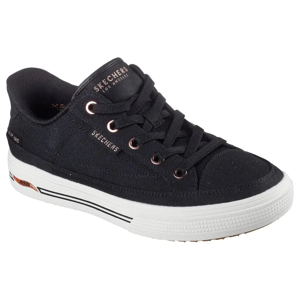 Skechers Arch Fit Arcade See Ya There Ladies Black Textile Vegan Slip-On Trainers with arch support.