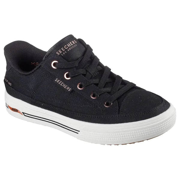 Skechers Arch Fit Arcade See Ya There Ladies Black Textile Vegan Slip-On Trainers with arch support.
