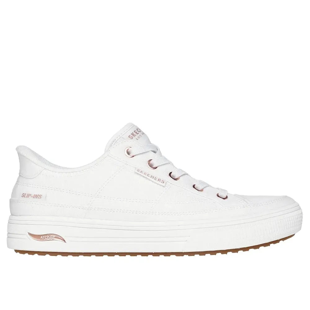 Skechers Women's Arch Fit Arcade See Ya There Vegan Slip-On Trainers in White Textile with arch support and rubber outsole.