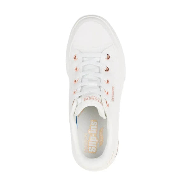 Skechers Arch Fit Arcade See Ya There ladies' white vegan textile slip-on trainers with arch support and trendy lace-up design.