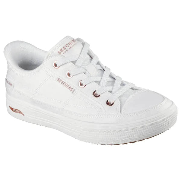 Skechers Arch Fit Ladies Slip-On Sneakers, white textile vegan trainers with arch support and lace-up design.