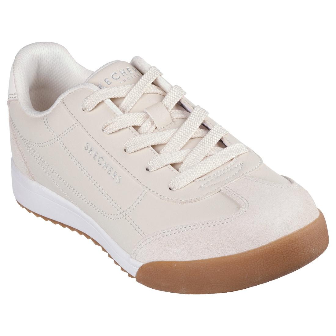Skechers Zinger 2.0 Ultimate Classic Ladies Off-White Leather Lace-Up Trainers with gum sole.