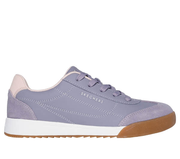 Skechers Zinger 2.0 Ultimate Classic ladies leather lace-up trainers in quail color with white sole and gum outsole.