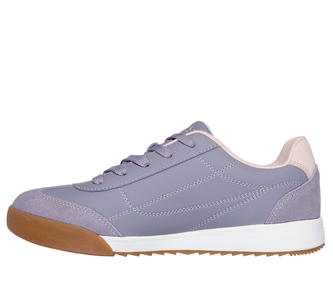 Skechers Zinger 2.0 Ultimate Classic Ladies Quail Leather Lace-Up Trainers in lavender with gum sole, stylish and comfortable footwear.