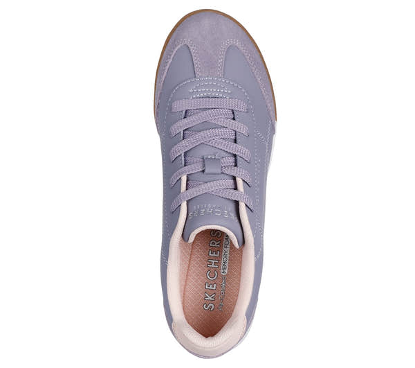 Skechers Zinger 2.0 Ladies Quail Leather Lace-Up Trainers, purple with cushioned interior and classic sporty design.