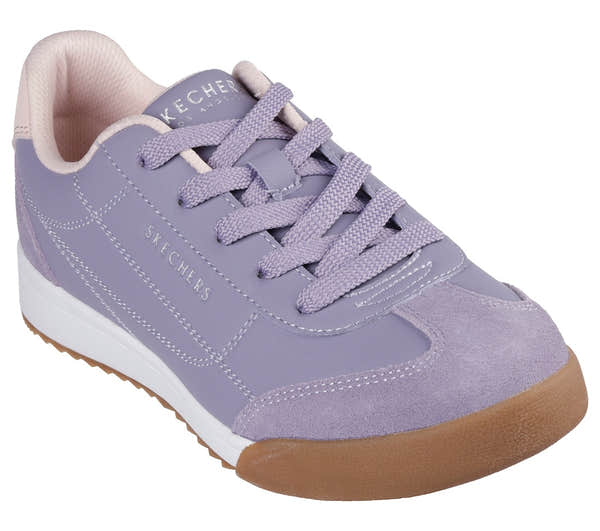 Skechers Zinger 2.0 Ladies Quail Leather Lace-Up Trainers, pastel purple with suede accents and gum sole.
