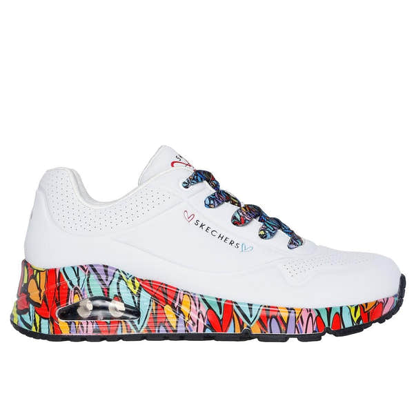 Skechers Uno Ravaged Love women's white and multi-colored lace-up trainers with a patterned sole and breathable upper.