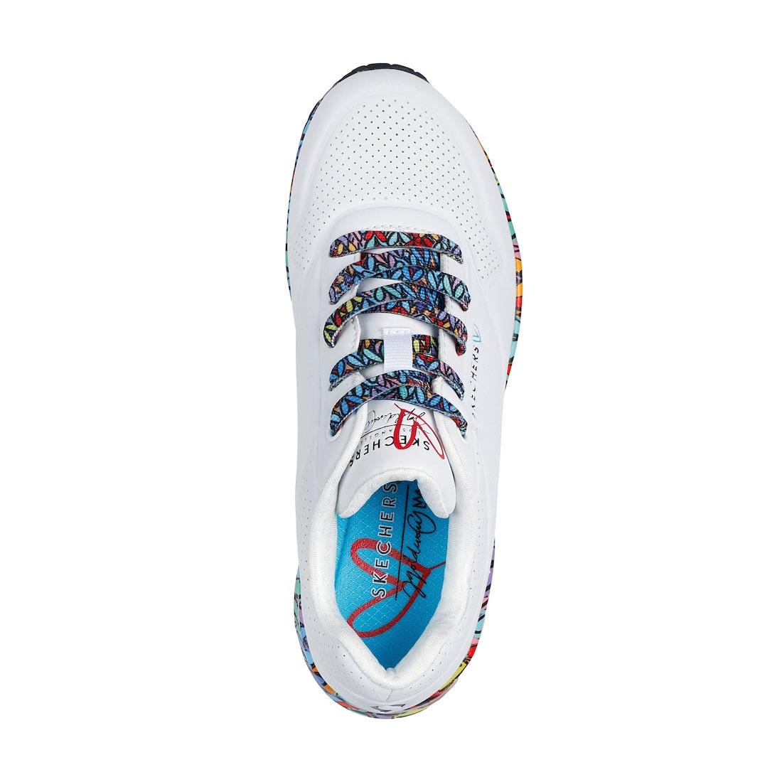 Skechers Uno Ravaged Love ladies white and multicolor lace-up trainers with floral-patterned laces and breathable perforated upper.