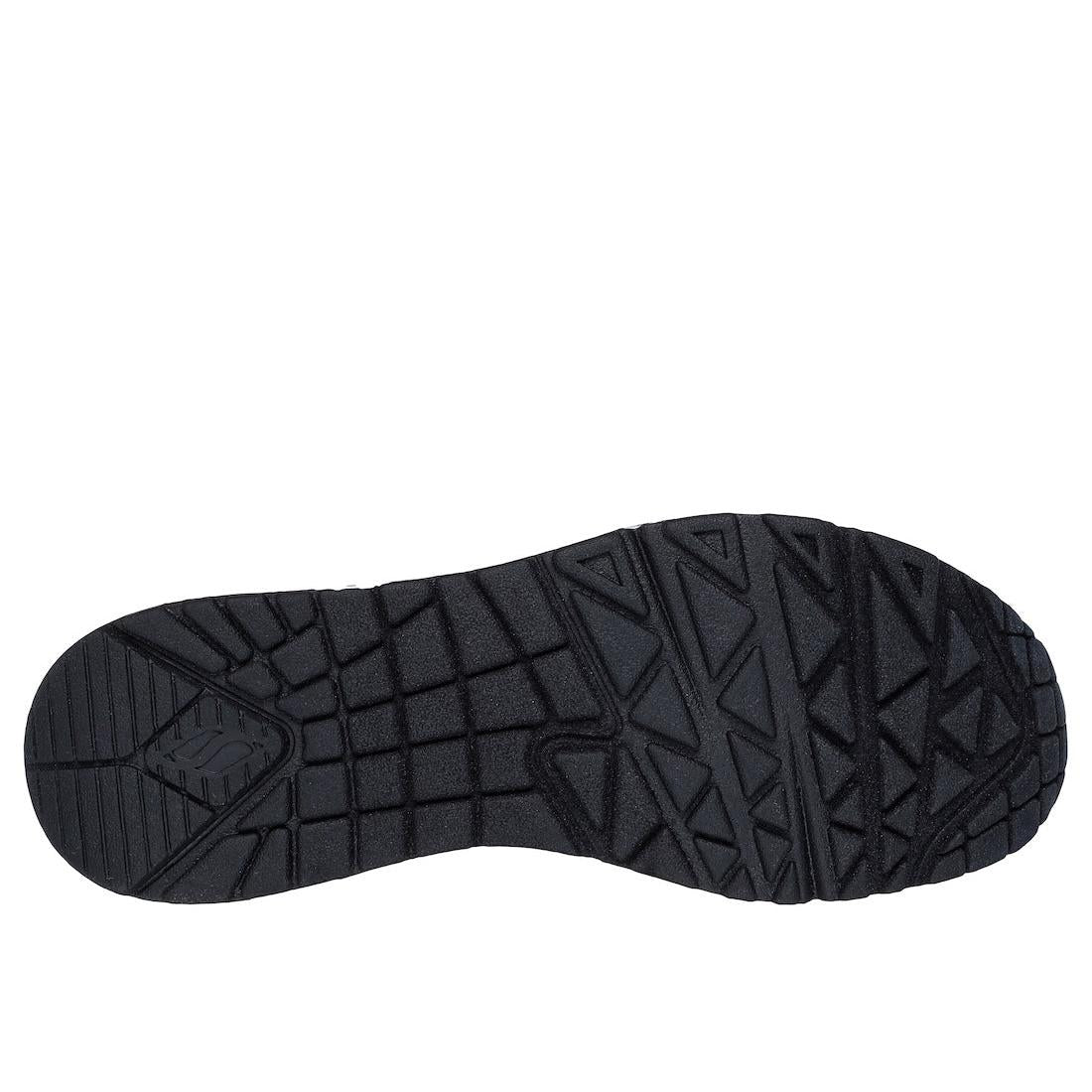 Skechers Uno Ravaged Love ladies white/multi lace-up trainers with black rubber soles and textured grip pattern.