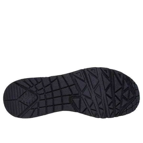 Skechers Uno Ravaged Love ladies white/multi lace-up trainers with black rubber soles and textured grip pattern.