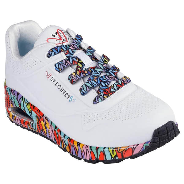 Skechers Uno Ravaged Love women’s white lace-up trainers with colorful butterfly-patterned laces and a multicolored patterned sole.