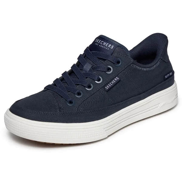 Skechers Arch Fit Arcade-See Ya There men's navy textile slip-on trainers with arch support and white rubber sole.
