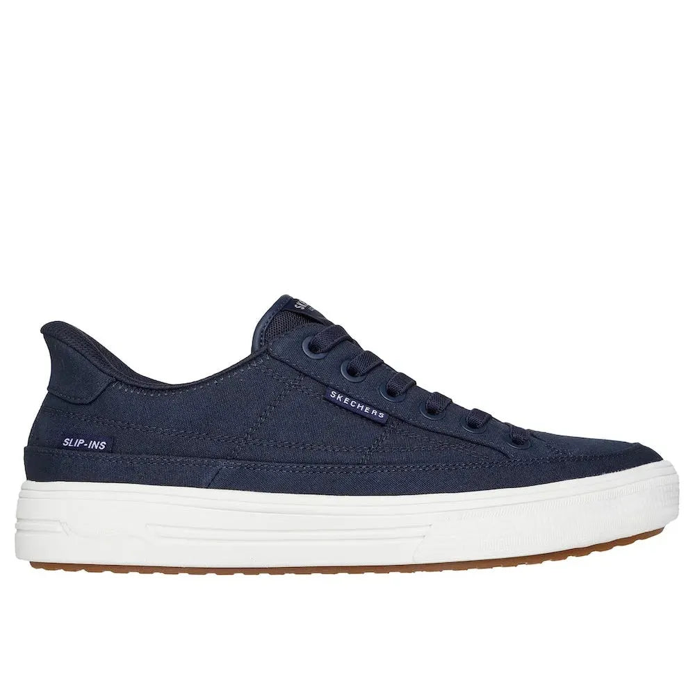 Skechers Arch Fit Arcade-See Ya There men's navy textile slip-on trainers with arch support and white sole.