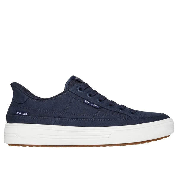 Skechers Arch Fit Arcade-See Ya There men's navy textile slip-on trainers with arch support and white sole.