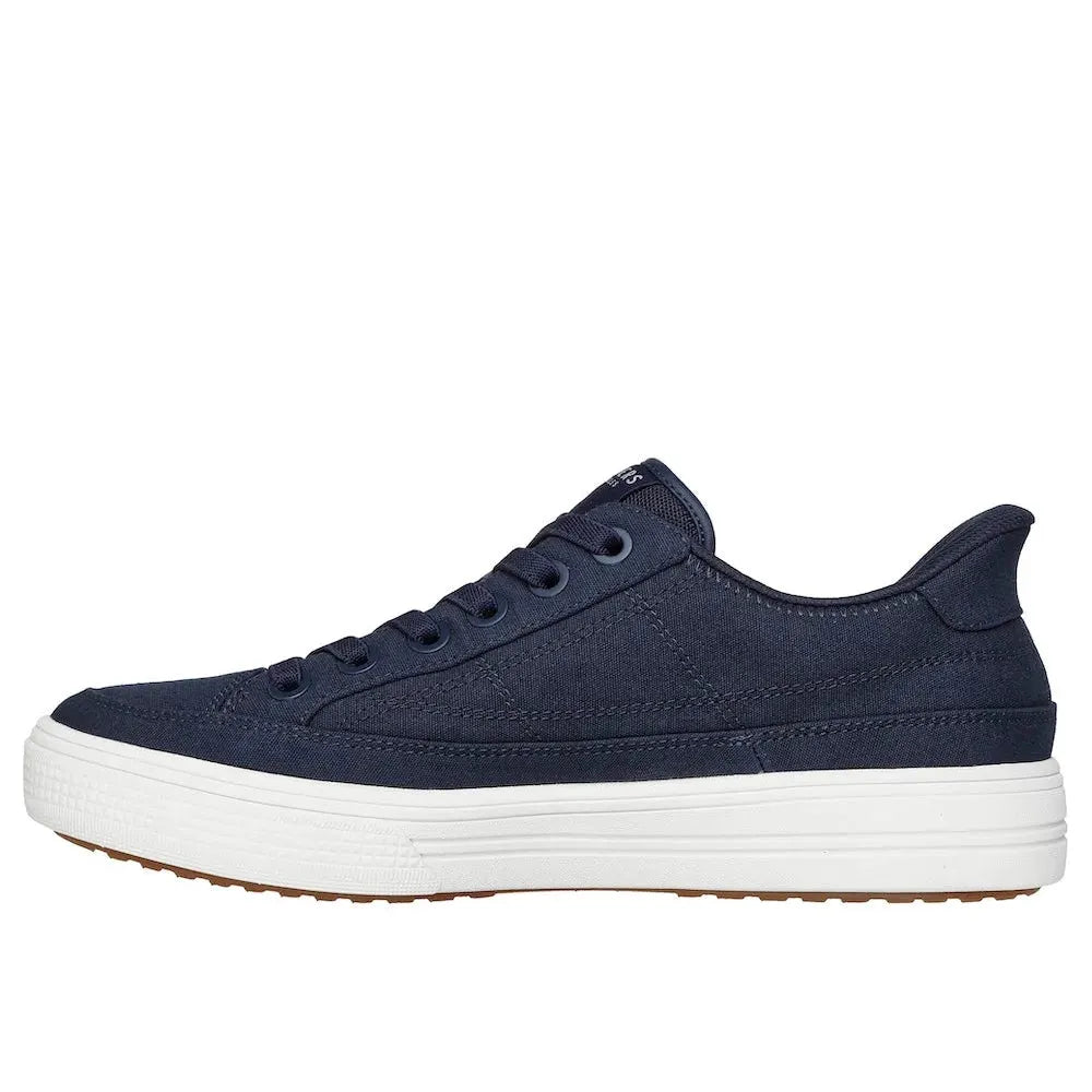 Skechers Arch Fit Arcade-See Ya There men's navy textile slip-on trainers with arch support and white rubber sole.