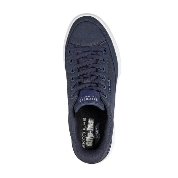 Skechers Arch Fit Arcade men's navy slip-on trainers with textile upper and supportive arch support.