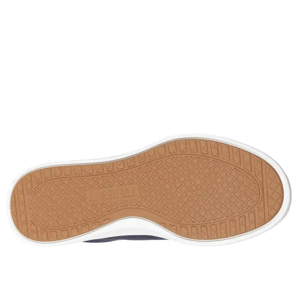 Skechers men's navy slip-on trainers with arch support, textile upper, and rubber outsole for comfort and durability.