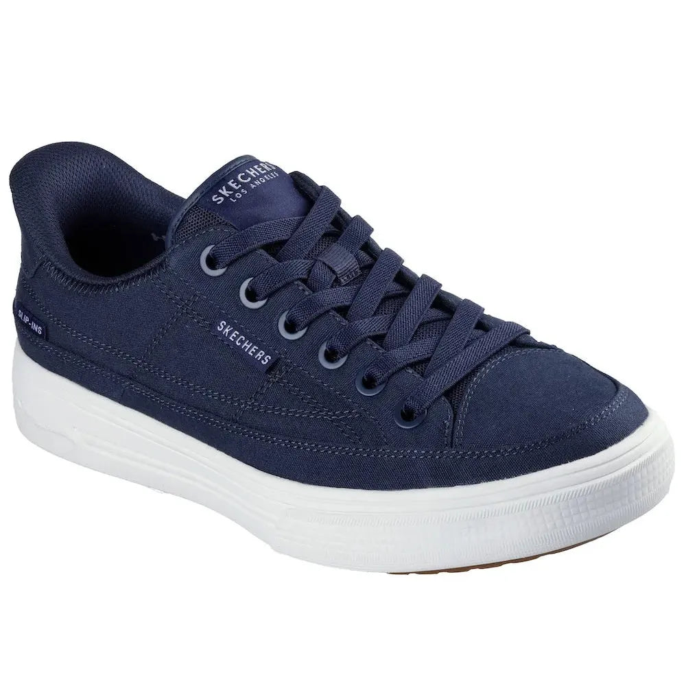 Skechers Arch Fit Arcade-See Ya There men's navy textile slip-on trainers with arch support, lace-up design, and white rubber sole.