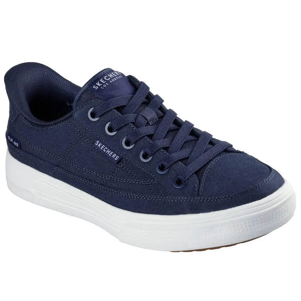Skechers Arch Fit Arcade-See Ya There men's navy textile slip-on trainers with arch support, lace-up design, and white rubber sole.