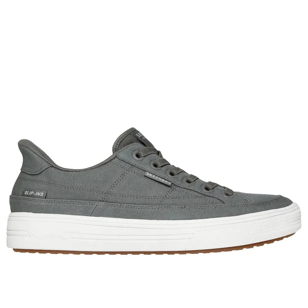 Skechers men's Olive textile slip-on trainers with arch support, casual arcade style, lightweight sole, and breathable design.
