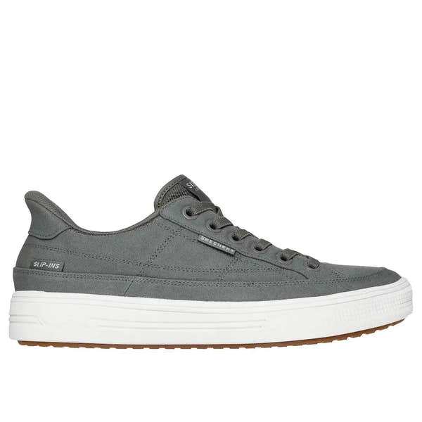 Skechers men's Olive textile slip-on trainers with arch support, casual arcade style, lightweight sole, and breathable design.